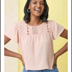 Women’s Pink Crochet Yoke Short Sleeve Top